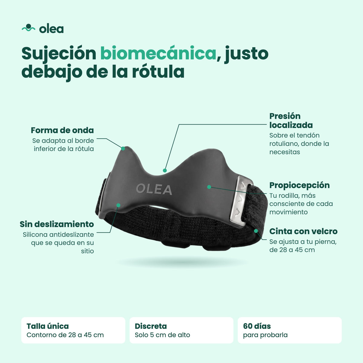 Características de la cinta rotuliana olea: forma de onda, presión localizada, propiocepción, sin deslizamiento, cinta con velcro