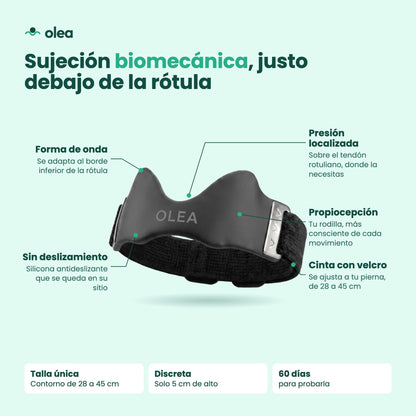 Características de la cinta rotuliana olea: forma de onda, presión localizada, propiocepción, sin deslizamiento, cinta con velcro