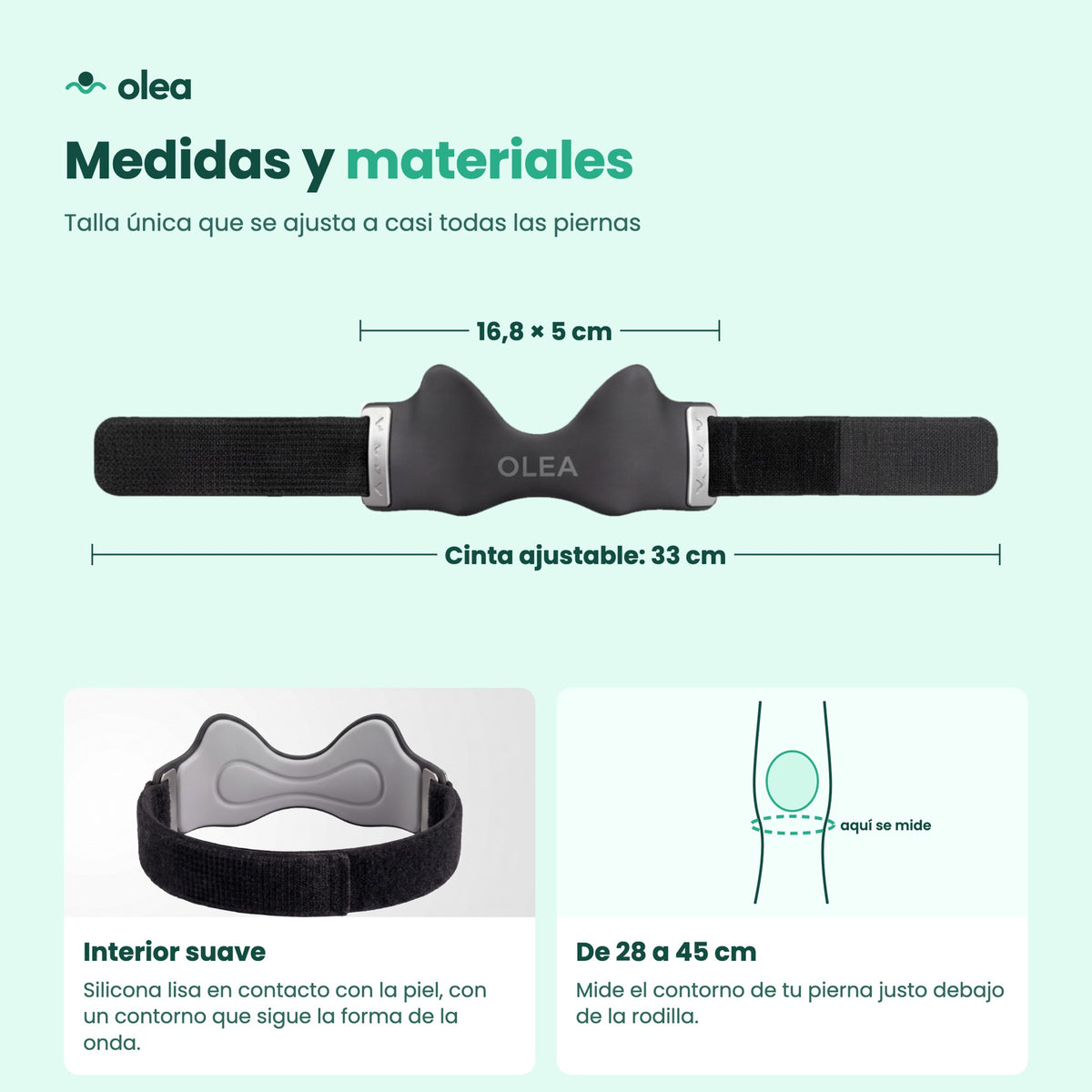 Medidas y materiales: 16,8 × 5 cm, cinta ajustable de 33 cm, de 28 a 45 cm de contorno